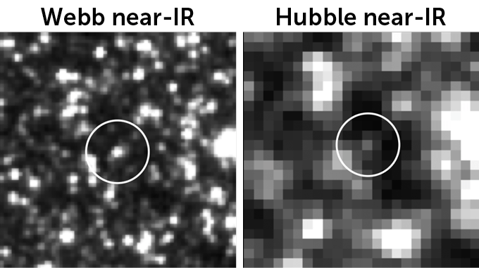 A spiral galaxy shown in a composite image from the James Webb Space Telescope and Hubble Space Telescope